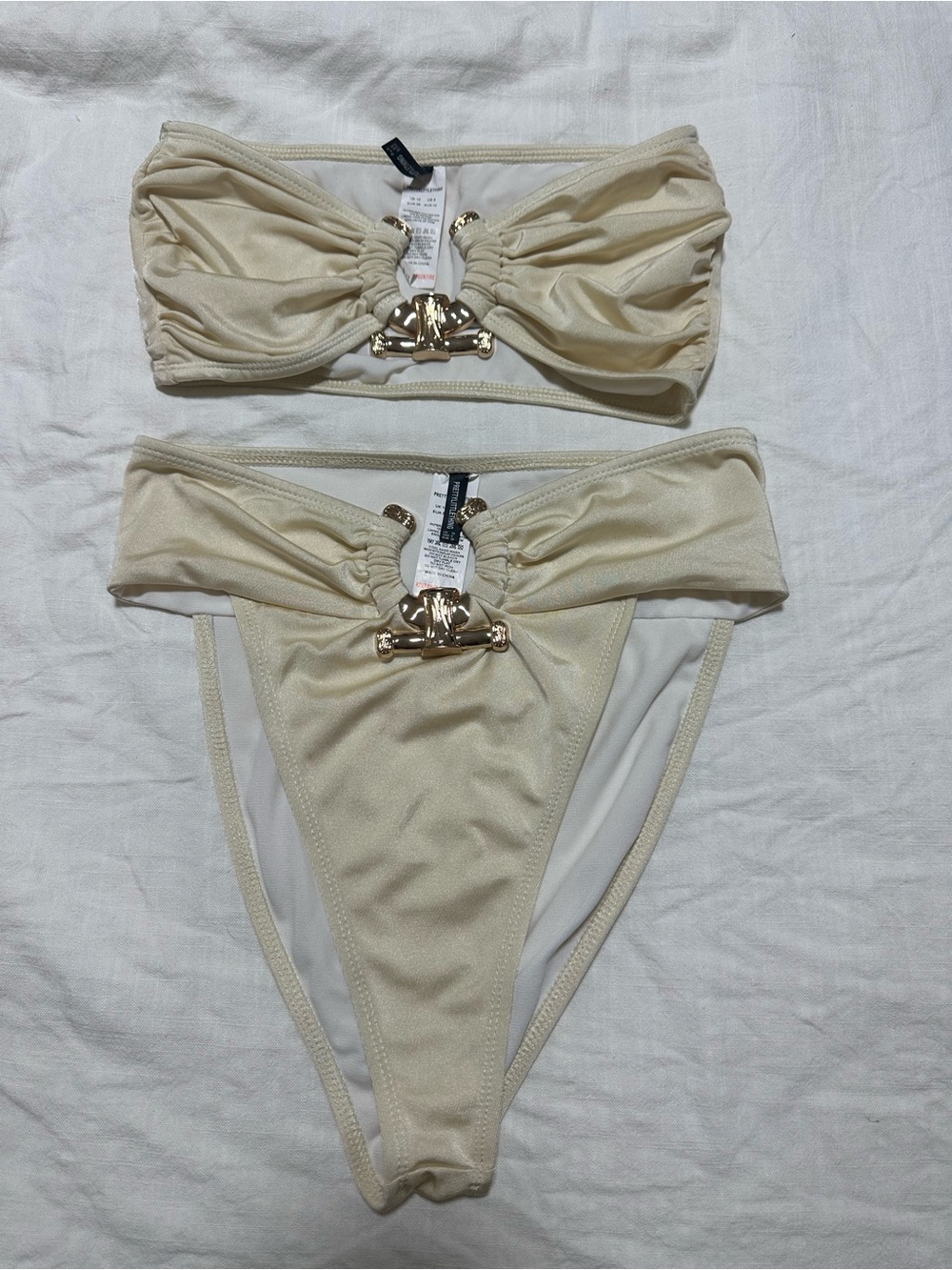 PrettyLittleThing Cream Strapless Bikini Set with Gold Hardware